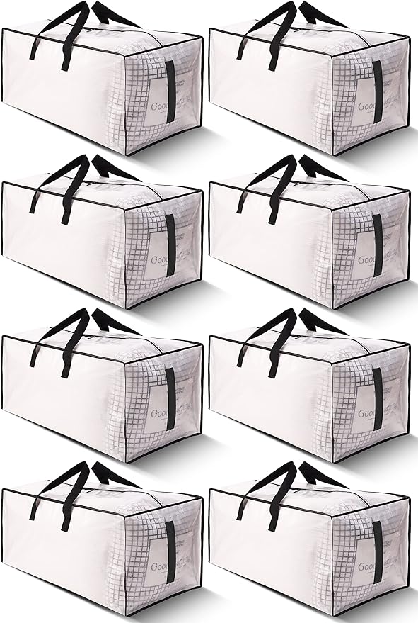 HOMESURE 8 Pack Large Strong Moving Bags with Zippers & Carrying Handles - Water-Resistant - Heavy Duty Storage Tote for Spac
