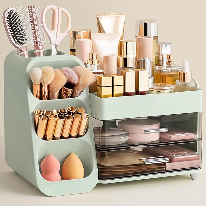 HBlife Makeup Organizer with Brush Holder for Vanity, Large Plastic Bathroom Countertop Organizer Skin Care Storage, Easy to 