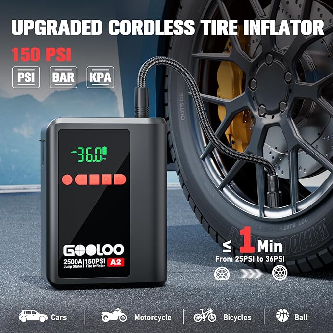 GOOLOO A2 8-in-1 Jump Starter with Air Compressor, Car Battery Booster (Up to 8L Gas/6L Diesel) 150 PSI Cordless Auto-Shutoff Tire Inflator, 12V Supersafe Lithium Jump Box with Jumper Cables