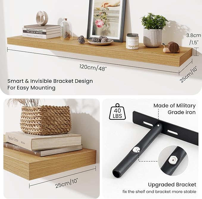 Fun Memories 48 Inch Floating Shelves for Wall - 10 Inch Deep Fireplace Mantel Shelf - Wood Floating Shelves for Wall - Large