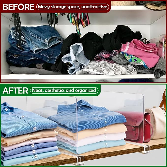 Consevisen Shelf Dividers for Closet Organization and Storage, 12 Pack Acrylic Clear Closet Shelf Dividers for Wood Shelves, 