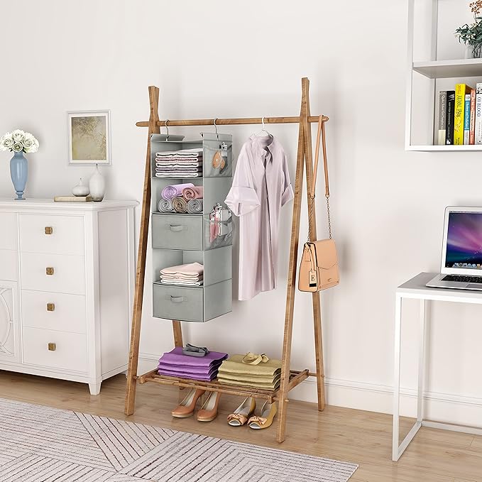 MAX Houser 5 Tier Shelf Hanging Closet Organizer, Cloth Hanging Shelf with 2 Sturdy Hooks for Storage, Foldable (Light Grey-D