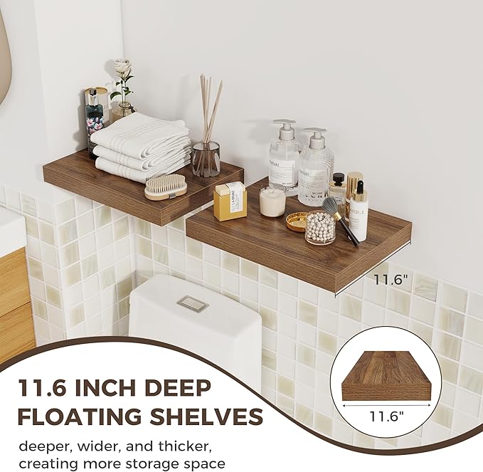 Fun Memories 12 Inch Deep Floating Shelves, 16 x 12 Wooden Wall Shelves, Extra Deeper & Thicker Rustic Wall Mounted Storage S