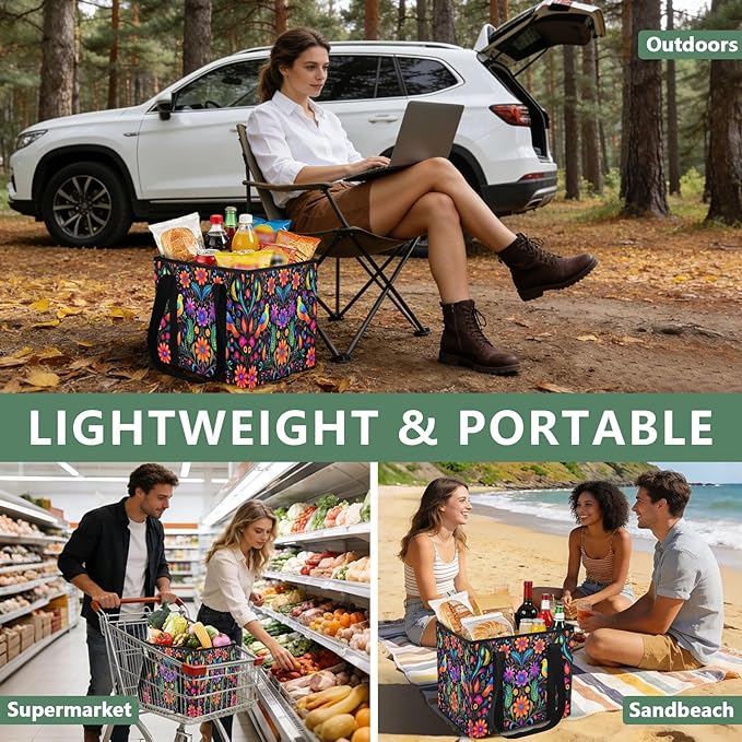 Mexican Art Design Reusable Grocery Bags Large Shopping Tote Bag with Reinforced Bottom Board, Water Resistant Foldable Stora