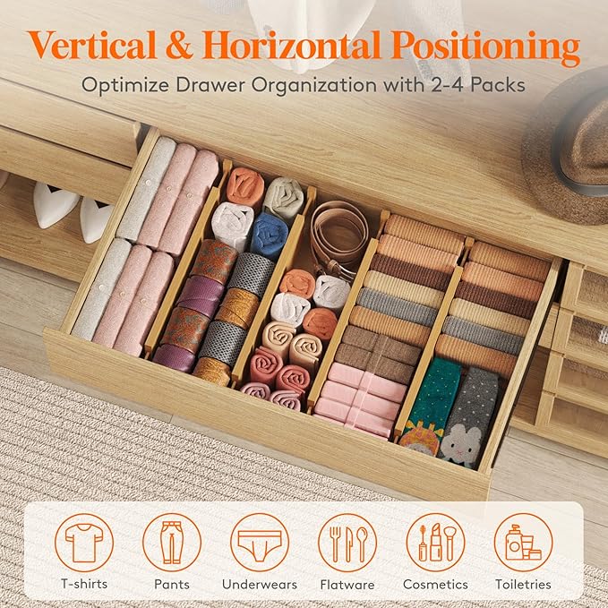 Lifewit 4" High 8 Pack Bamboo Drawer Dividers 43-54cm/17-21.5" Adjustable Wooden Drawer Organizer for Clothes/Utensils, Expan