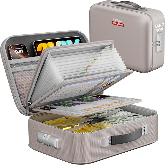 Fireproof Document Box, Hard Case Fireproof Box with Lock, Portable Hard-Shell Fireproof Water Resistant Document Safe for Im