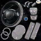 CAR PASS 11 PCS Bling Diamond Car Accessories for Women, Sparkly Rhinestone Steering Wheel Cover Bling Seat Belt Cushion, Gli
