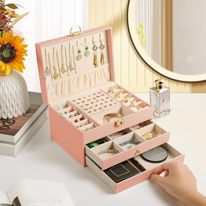 coobest 3 Layer Jewelry Box, Jewelry Holder with Lockable Drawer, Large Jewelry Boxes & Organizer with Velvet Earring Holder,