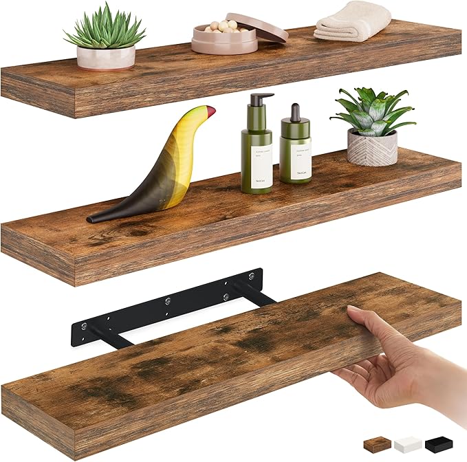 Ballucci Floating Shelves for Wall, 24" Wood Shelf Set of 3, Invisible Brackets Floating Shelf for Wall Decor Living Room, Ba