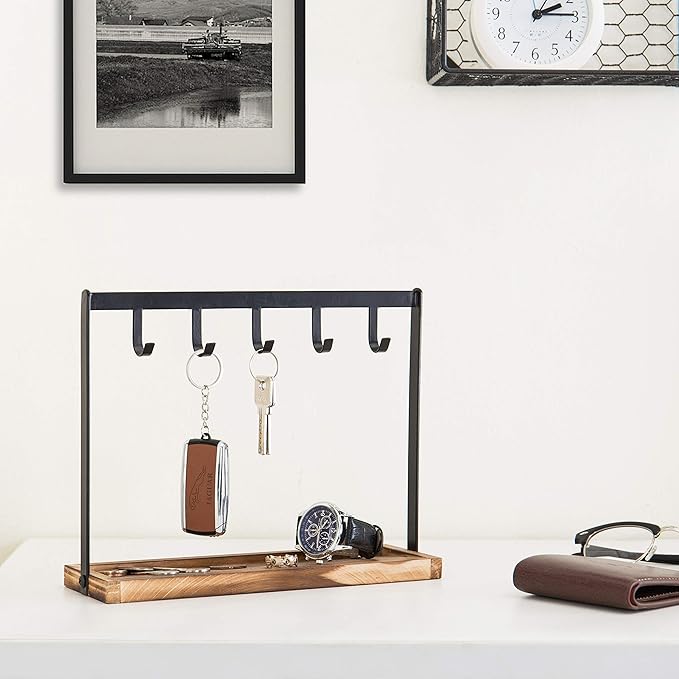 MyGift Black Metal Entryway Key Holder with 5 Hooks and Burnt Wood Base, Tabletop Necklace and Jewelry Organizer Rack with Ri
