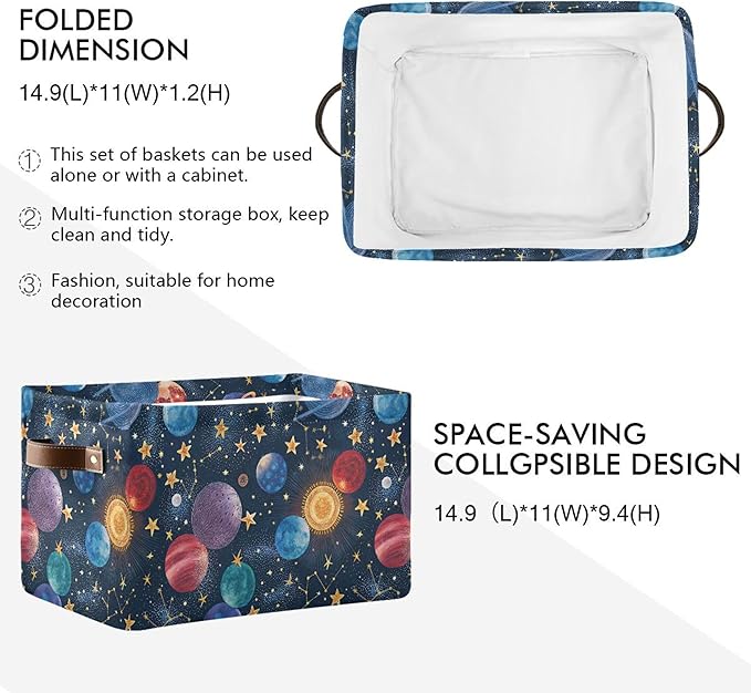 xigua Cartoon Planets Storage Basket Collapsible Storage Bins Waterproof Canvas Storage Basket with Leather Handles for Home 