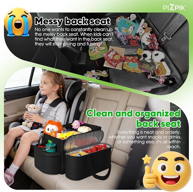 Large Car Seat Organizer with Removable Cooler Bag for the Front or Back Seat for Kids and Adults.Versatile for Use in Multiple Scenarios.