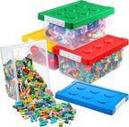 Vicenpal 4 Pack Toy Storage Containers with Lids Brick Shaped Kids Toy Organizer Box Plastic Clear Stackable Bin Chest for Bu