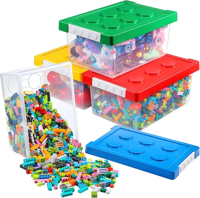 Vicenpal 4 Pack Toy Storage Containers with Lids Brick Shaped Kids Toy Organizer Box Plastic Clear Stackable Bin Chest for Bu