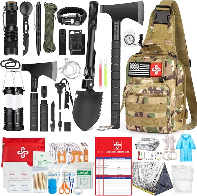 Survival Kit, 262Pcs Survival Gear and Supplies with First Aid Kit Pouch and Crossbody Bag, Emergency Kit with Tent, Camping 