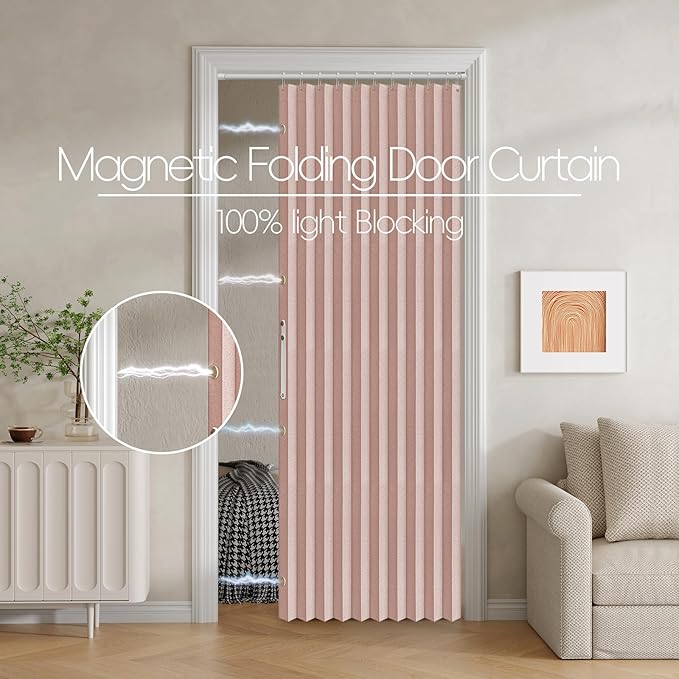 Jilron 100% Blackout Fabric Folding Door Curtain with Magnetic Closure - Accordion Style for Sliding Doors, Closets,Wardrobe 