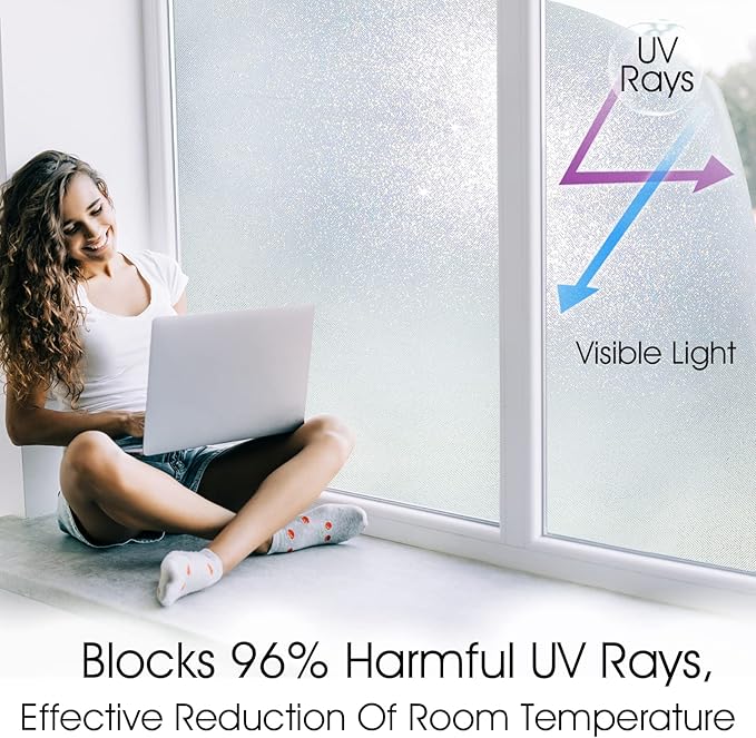 KESPEN Frosted Window Privacy Film Heat Control UV Sun Blocking Glass Stickers Static Cling Non Adhesive Door Coverings Decals for Bathroom Home Office, Sparkling, 23.6 Inch X 13.1 Feet