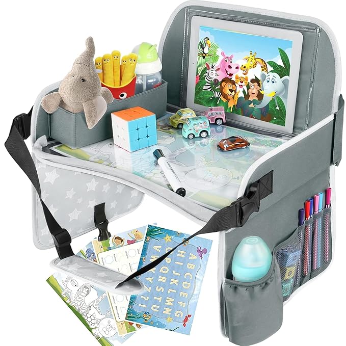 MENZOKE Kids Travel Tray for Toddler Car Seat, Toddler Gift for Boy Activities with Dry Erase Board & iPad Holder Stand, Road