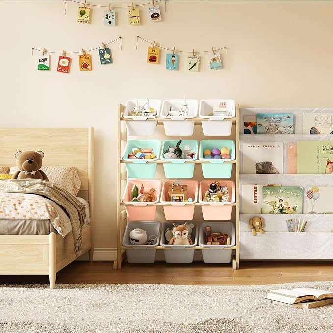 EXPERLAM Toy Storage Organizer with Bookshelf - 12 Storage Bins 4-Tier Multipurpose Shelf to Organize Toys and Books for Kids
