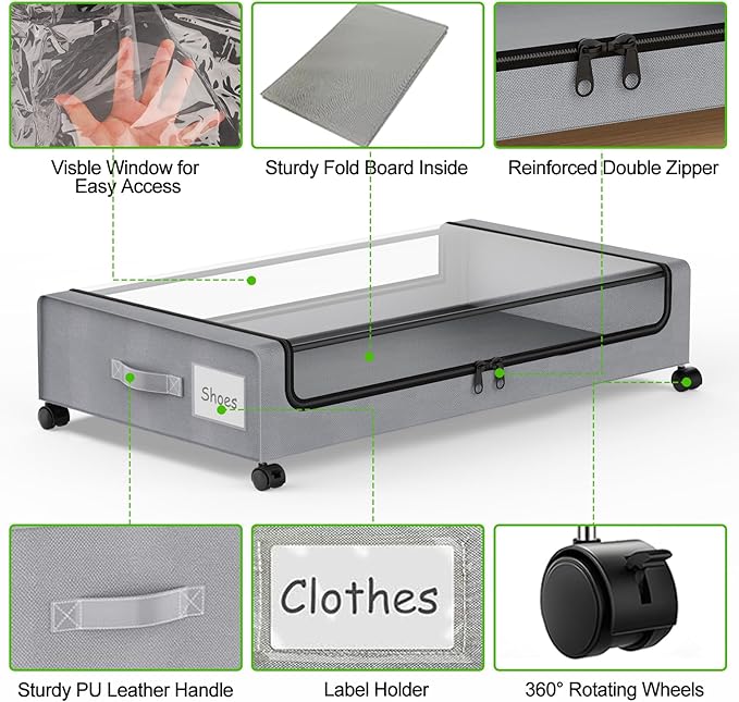 Under Bed Storage with Wheels, 4-Pack Underbed Storage Containers with Clear Lids, Under Bed Shoe Storage Organizer, Rolling 