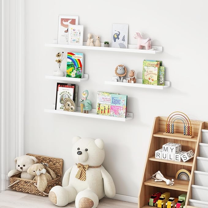 Picture Ledge Shelf for Wall, 24 inches Solid Pine Wood Nursery Book Shelves 3 Packs, Floating Ledge Shelves for Kids' Room B