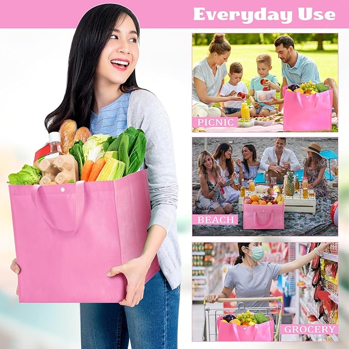 Boao 48 Pack Reusable Grocery Bags 13''L x 9.4''W x 15''H Large Foldable Shopping Tote Bag Non Woven with Handle and Button