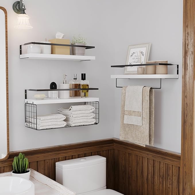 White Wood Floating Shelves Wall Mounted - 3+1 Tier Rustic Bathroom Wall Shelves Over Toilet with Wire Storage Basket & Towel