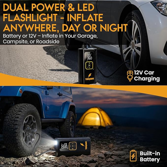 Dual Cylinder Tire Inflator Portable Air Compressor – Dual Power 160 PSI Cordless Air Pump for Car, Truck, SUV, Bike, Balls – 7500mAh Battery, Digital Gauge, LED Light & Auto Shut-Off