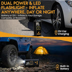 Dual Cylinder Tire Inflator Portable Air Compressor – Dual Power 160 PSI Cordless Air Pump for Car, Truck, SUV, Bike, Balls – 7500mAh Battery, Digital Gauge, LED Light & Auto Shut-Off