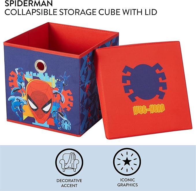 Idea Nuova Marvel Spiderman Collapsible Fabric Storage Cube,10” Organizer Bin with Lid for Bedroom, Playroom, and Closet