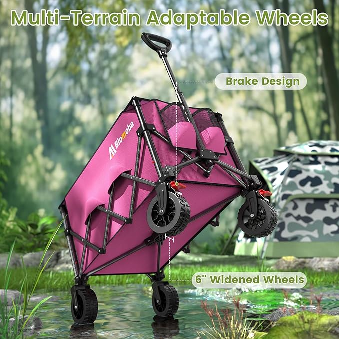 Collapsible Wagon Cart, 150L Heavy Duty Foldable Beach Wagon with Wider Wheels & Auto-Rebound Handle, Utility Grocery Shopping Cart for Garden, Shopping, Camping, Sports, Pink