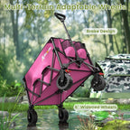 Collapsible Wagon Cart, 150L Heavy Duty Foldable Beach Wagon with Wider Wheels & Auto-Rebound Handle, Utility Grocery Shopping Cart for Garden, Shopping, Camping, Sports, Pink