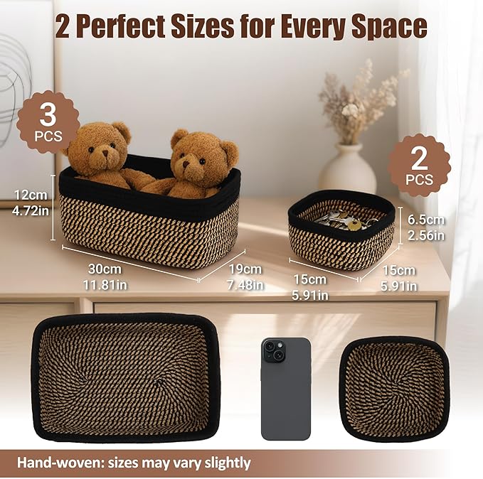 5-Pack Small Woven Rope Storage Baskets – 2 Sizes Organizer Bins for Closet, Shelf, Bookshelf, Nursery, Changing Table, Fabri