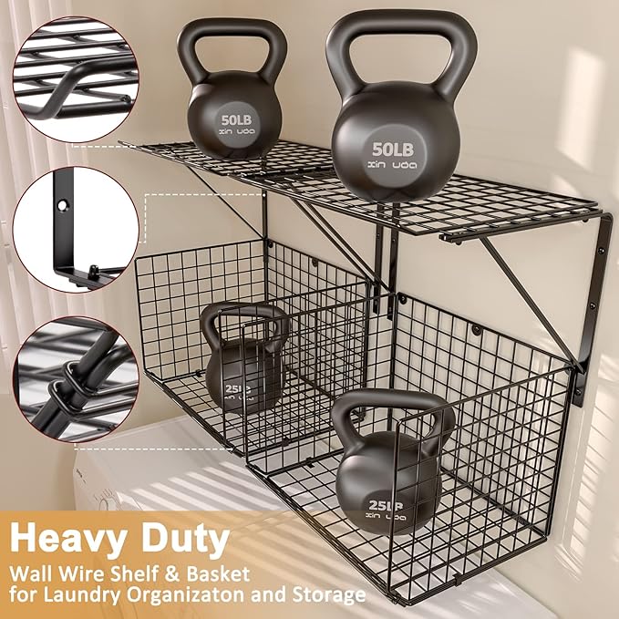3IngSeagulls 2 Pack Laundry Room Shelves, Wire Baskets with 8 Hooks, Over Washer and Dryer Shelf, Wall Mounted Storage and Cl
