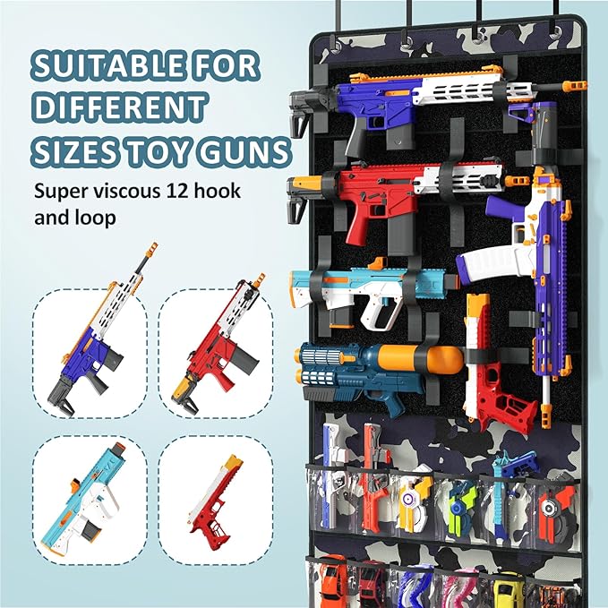 Over The Door Organizer for Toy Guns, Toy Storage, Toys Organizer with Pockets, Hook&Loop Straps for Foam Blasters, Darts, Go