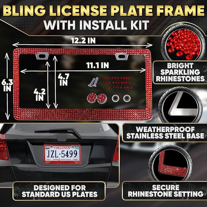 Red Bling Car Accessories Set, 27 Pieces Car Interior Set Including Steering Wheel Cover, Diamond License Plate Frame, Phone Holder, Coasters, Hooks, Great Gift for Women Drivers