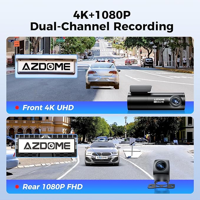 AZDOME M300S 4K Ultra HD Dual Dash Cam Front and Rear, Free 64GB Card, Built-in WiFi GPS Voice Control Car Camera, Night Visi