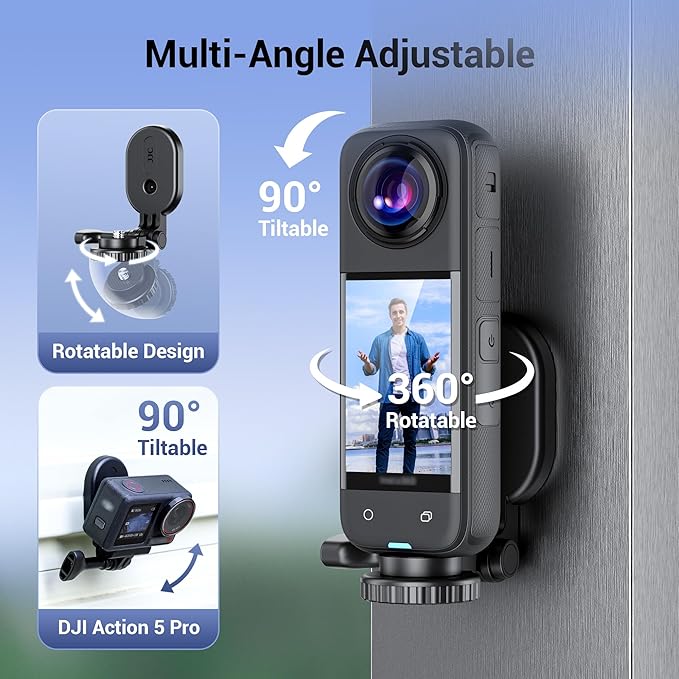 JJC Magnetic Mount Stand with 1/4"-20 Screw for DJI Osmo360 Action 5 Pro 4 3 for Insta360 X5 X4 X3 Ace, Pocket 3 OSMO360, Foldable Steering Holder Bracket Base, Strong Magnets, Angle Adjustable