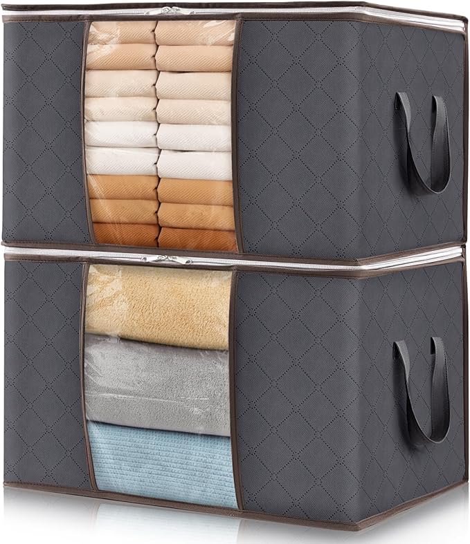 Lifewit 2 Pack 60L Clothes Storage Bins with Lids, Foldable Blanket Storage Bags with Zippers, Clear Window and Reinforced Ha