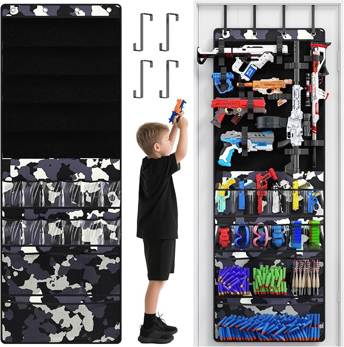 Over the Door Organizer for Toy Guns, Hanging Toy Guns Storage Organizer with Pockets and Slots for Kids Foam Blasters, Darts