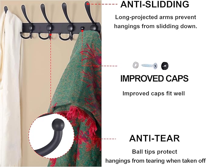 Dseap Coat Rack Wall Mounted - 5 Tri Hooks, Heavy Duty, Stainless Steel, Metal Coat Hook Rail for Coat Hat Towel Purse Robes 