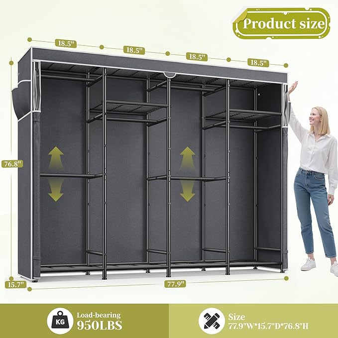 Raybee Clothes Rack with Cover, Heavy Duty Clothing Rack for Hanging Clothes, Adjustable Metal Portable Closet for Bedroom 77