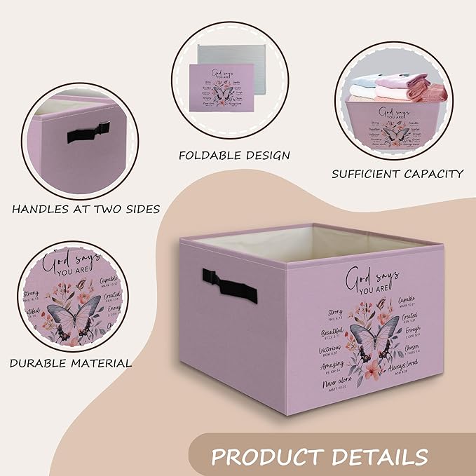 Purple Christian Foldable Basket Storage Bins Box with Handles, God Says You Are Bible Verse Butterfly Collapsible Organizer 