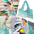 BeeGreen Reusable Grocery Bags Lightweight Durable Shopping Bags Washable Foldable 12 Pack Xlarge Classic Geometric Design Gift Tote Grocery Bags with Elastic Band and Separated Zipper Storage Pouch