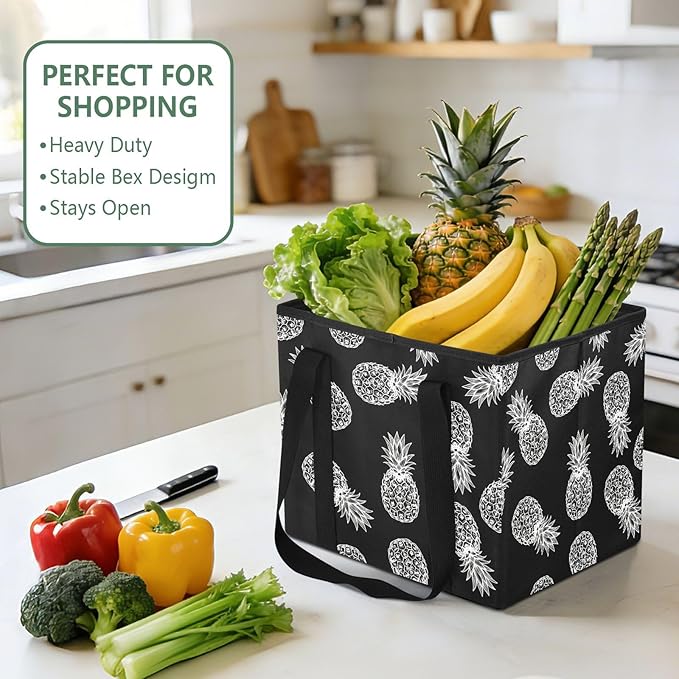 Black Pineapple Reusable Grocery Bags Large Shopping Tote Bag with Reinforced Bottom Board, Water Resistant Foldable Storage 