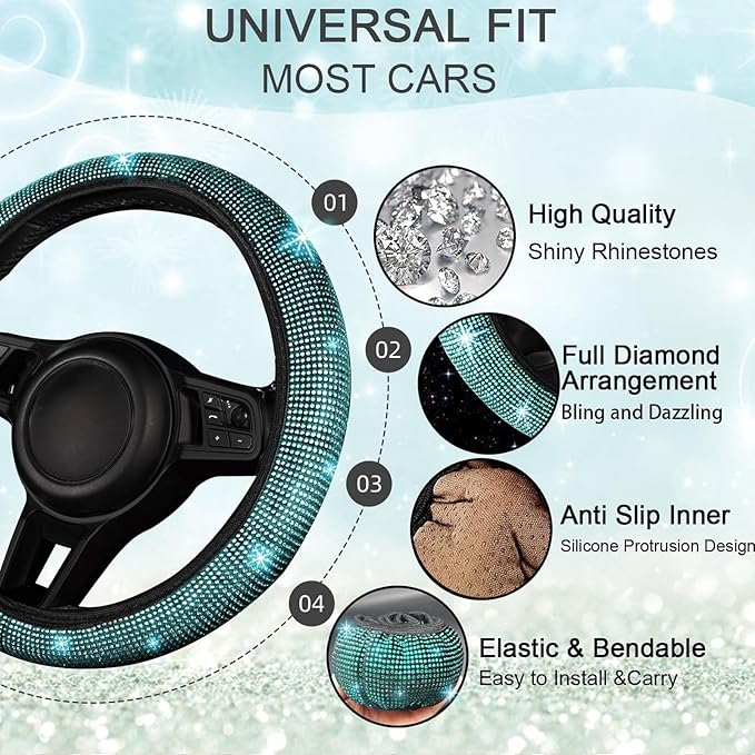 NBTEPEM 30 Pcs Aquamarine Bling Car Accessories Set for Women, Steering Wheel Cover Set, Bling Console Cover, Seat Belt Cushion, Shift Knob Cushion, Cup Coaster, Rhinestone Car Hanging Accessories