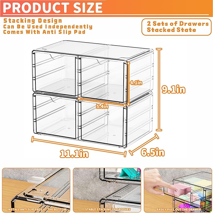 Yieach 2 Pack Acrylic Storage Drawers With 4 Drawers,Stackable Desk Organizers and Makeup Organizer,Large Clear Office Suppli