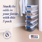 HOMZ 5-Pack Latching Lid, Clear Plastic Storage Organizer Bins, 7.5 Quart, Blue Latch - Stackable Organizing Containers for H