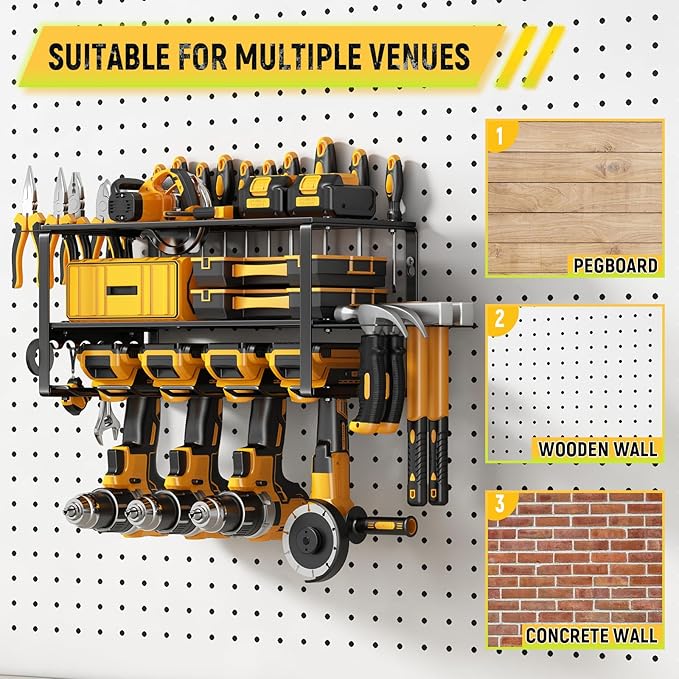 Power Tool Organizer Wall Mount - 200Lbs Load 3 Layers Storage Rack with 4 Drill Holders for Drills Cordless Tools. Heavy Dut