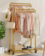 Sakugi Clothes Rack - Clothing Rack with Storage Mesh Shelf & Casters, Heavy-Duty Metal Clothing Rack for Hanging Clothes, Dr